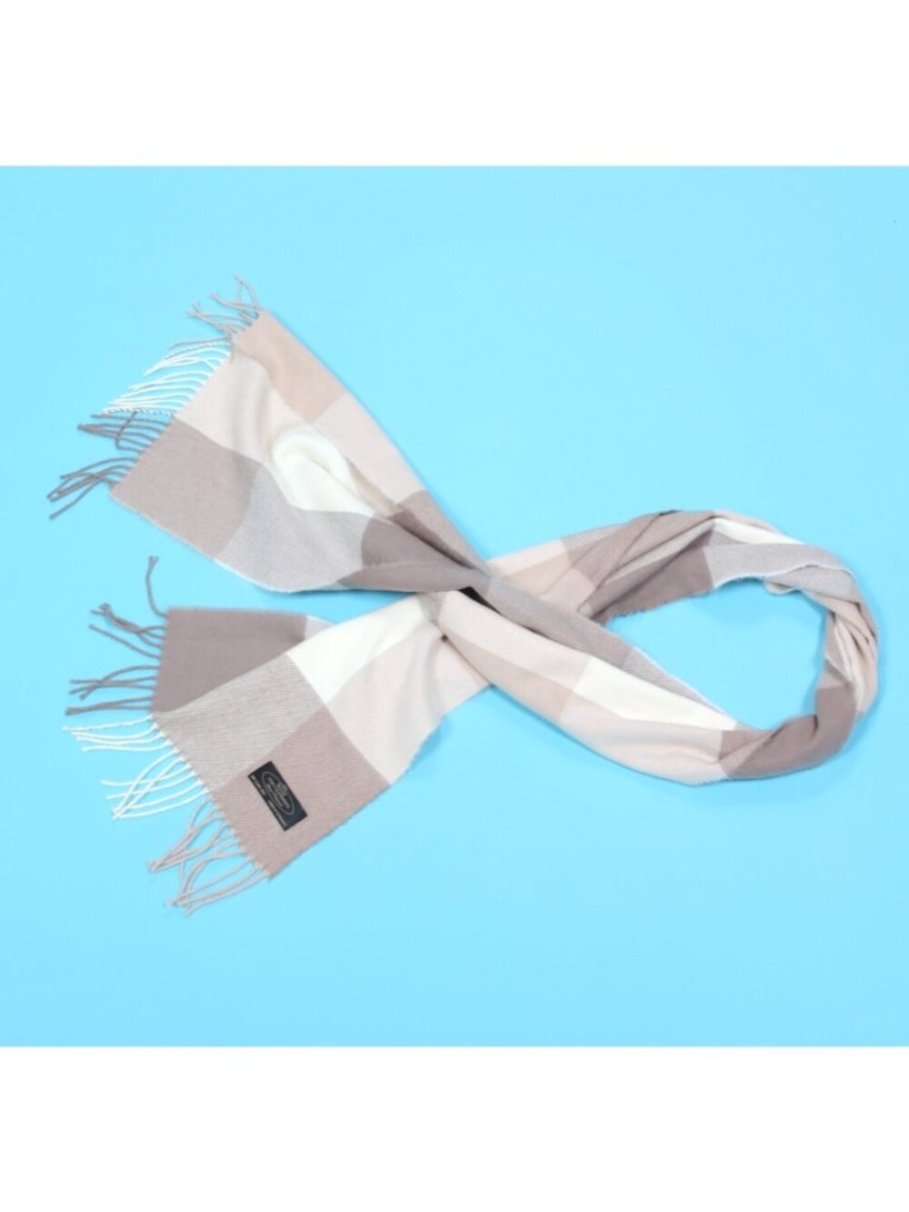 100% Cashmere Beige Cream Checkered Fringe Scarf made in Germany /520